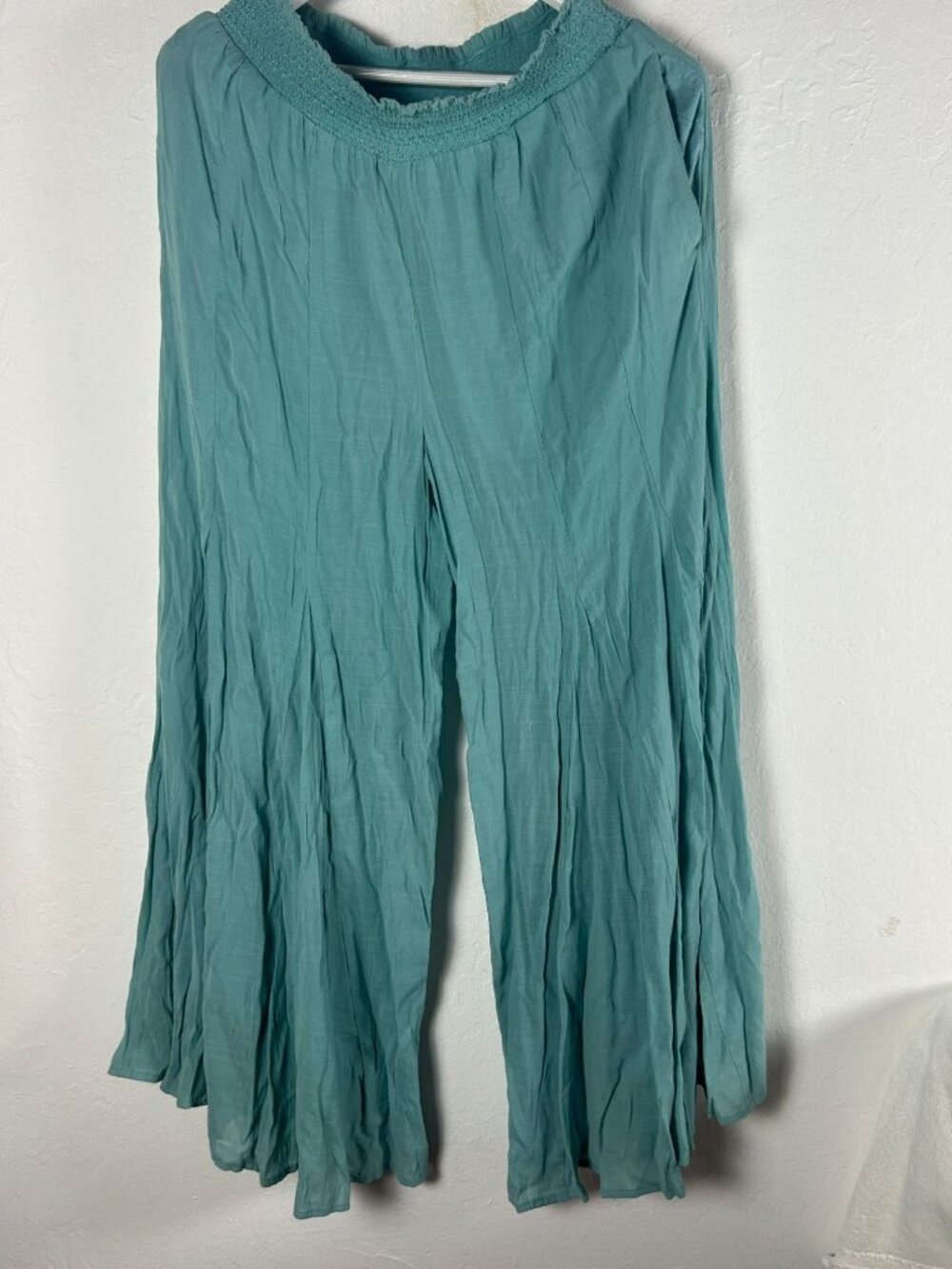 Sundance Womens Elastic Smocked Waist Wide-Leg Pants Small Teal Flowy Casual